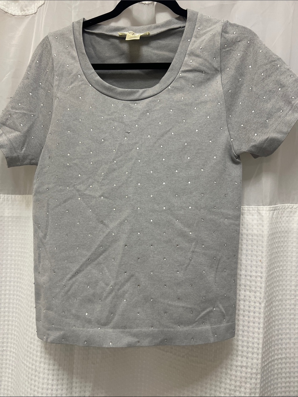 Heart Moon Star Grey Short-Sleeve Scoop Neck Top with Rhinestones